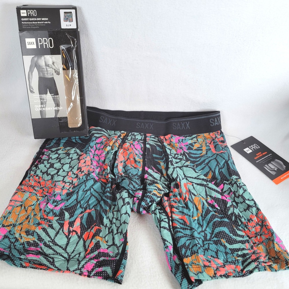 SAXX Mens Quest Boxer Brief Mesh Ballpark Pouch 6" Size Small Pineapple Multi